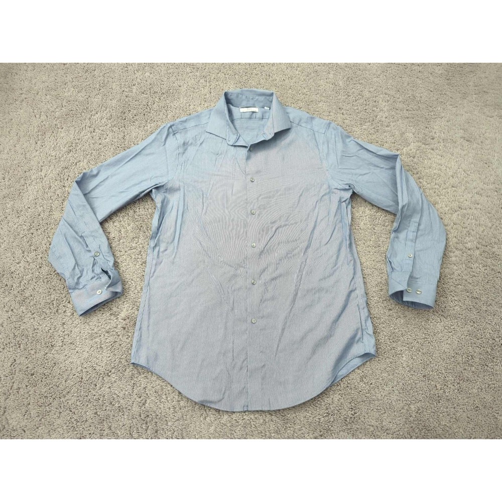 Calvin Klein Steel+ Dress‎ Shirt Mens L Blue Textured Slim Stretch Wrinkle Free